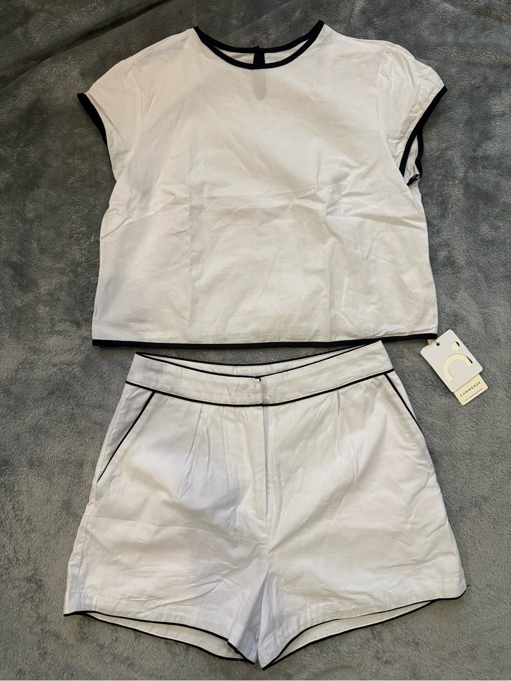Commense White High Waist Shorts Set with Black Trim